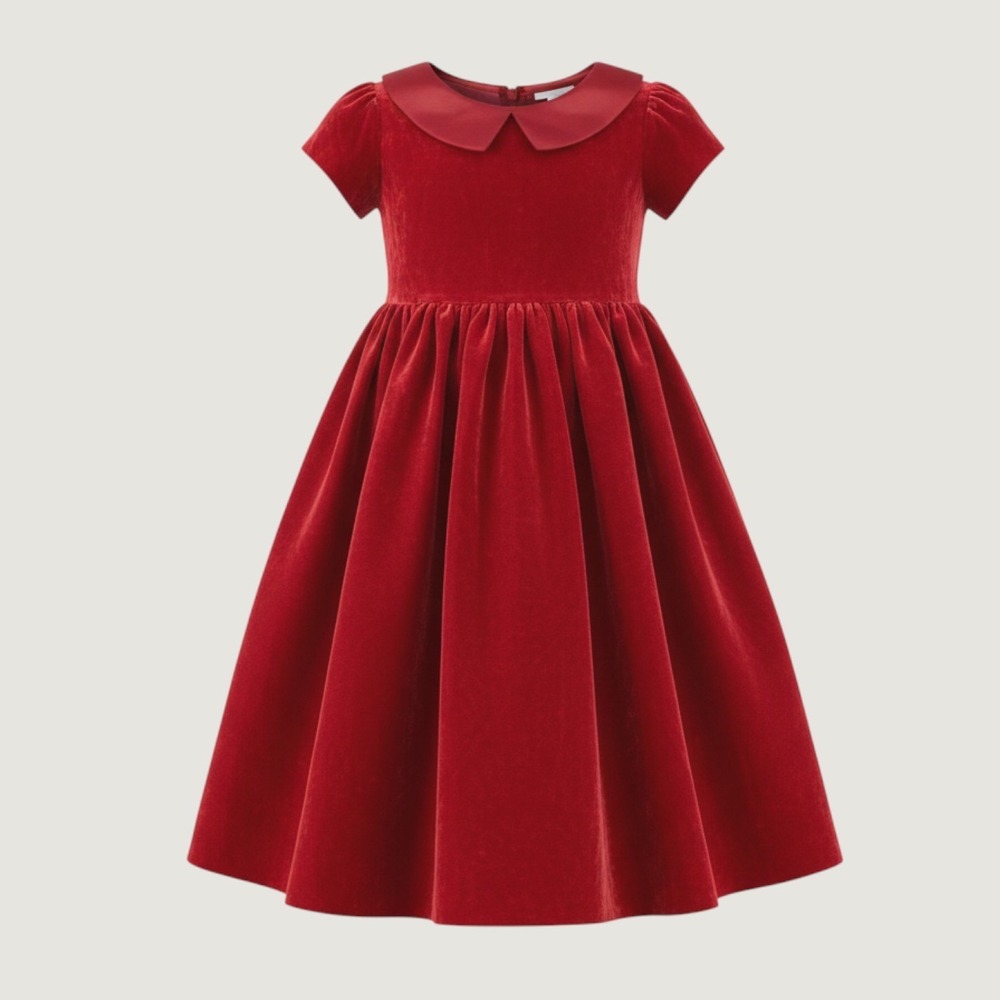VTG 90s Green Dog Red Velvet Holiday Dress Girls 6 Peter Pan Collar A-Line Bows